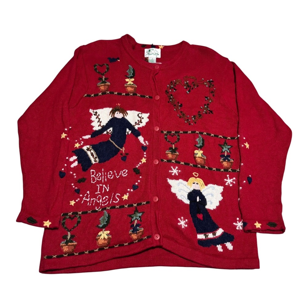 Vintage Quaker Factory Believe in Angels Christmas Cardigan Sweater‎ Women's M